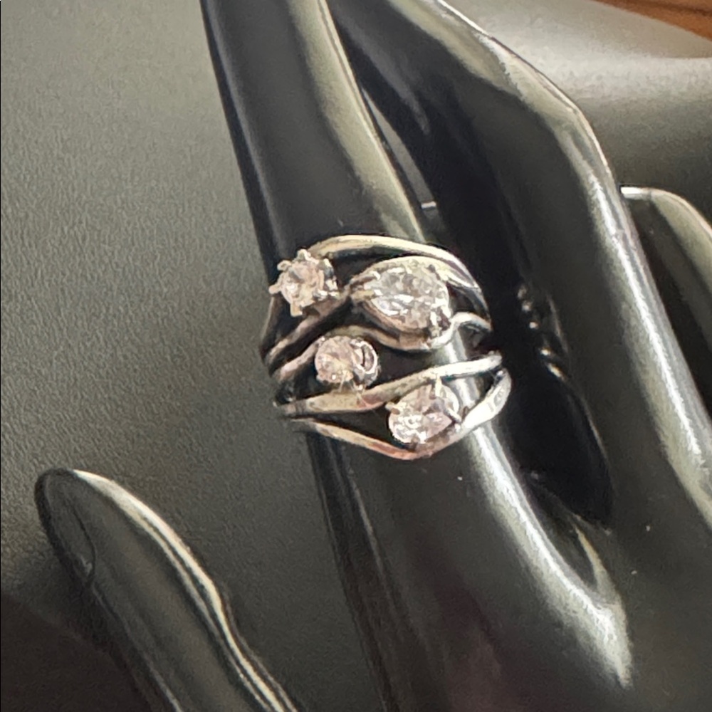 Gorgeous Israel Sterling Silver Modernist Ring with Large CZ Stones